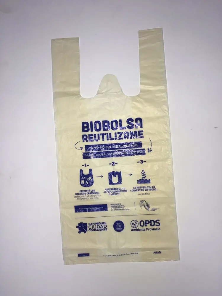 Bolsa biodegradable tipo camiseta para residuos orgánicos con instrucciones impresas